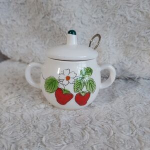 Whimsical Vintage White Sugar Jam Jelly Container Bowl with Strawberry Motif